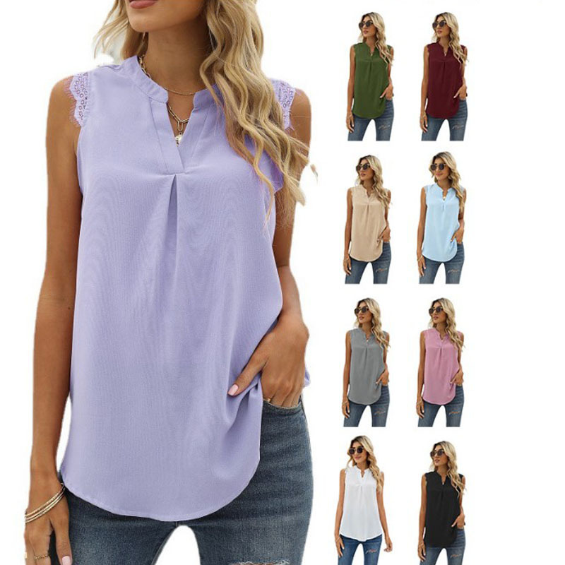 Cross-Border European and American Women's Clothing Amazon Spring and Summer Solid Color Shirt Loose V-Neck Sleeveless Lace Top Elegant