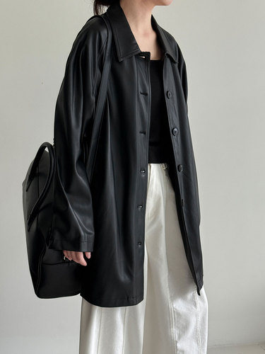 Luxi Korean-style Retro High-end Black Mid-length Leather Jacket for Women, Autumn New Arrival, Soft and Supple Leather 3709