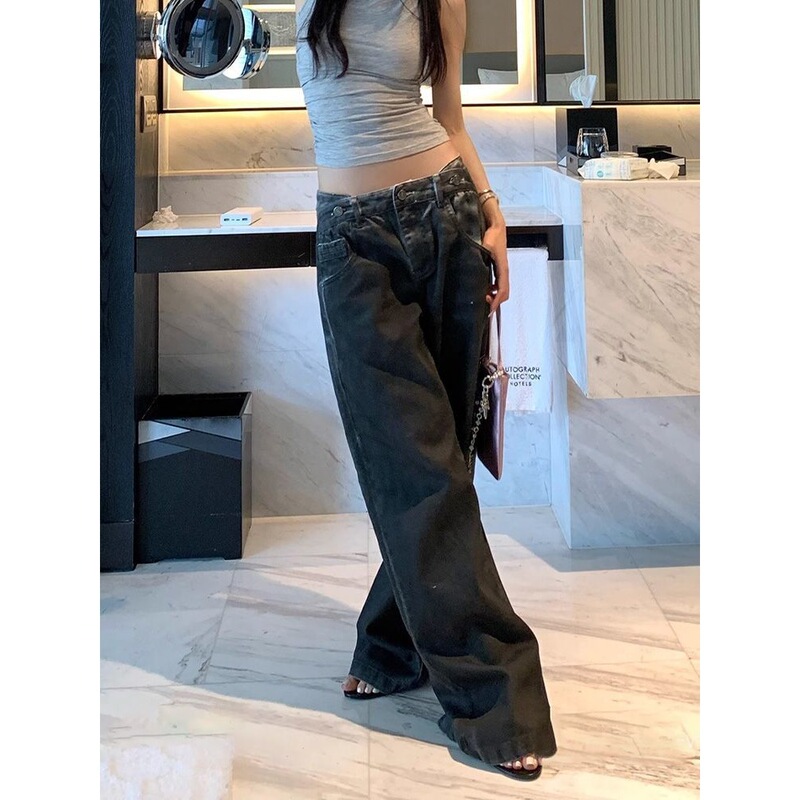 American-Style High Street Distressed Black Spray-Painted Coated Jeans for Women, Summer Spicy Girl Design, Low-Waist Slimming Floor-Length Pants American-Style High Street Distressed Black Spray-Painted Coated Jeans for Women, Summer Spicy Girl Design, Low-Waist Slimming Floor-Length Pants