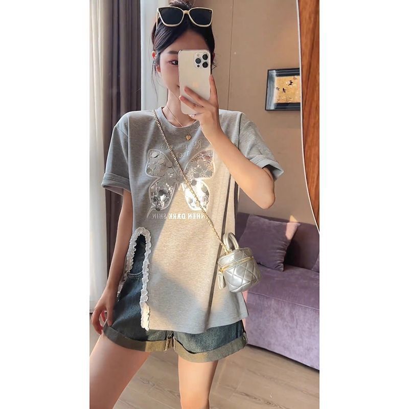 Camiseta de manga corta con lentejuelas de mariposa con costuras de encaje para mujer 2024 verano nuevo estilo suelto y delgado para mujer