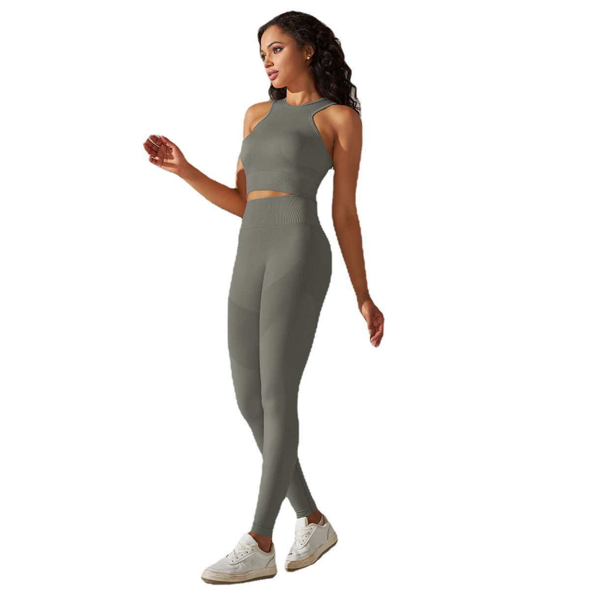 Transfronterizo europeo y americano sin costuras melocotón color sólido apretado chaleco elástico alto traje de yoga deportes fitness ropa de yoga traje de dos piezas