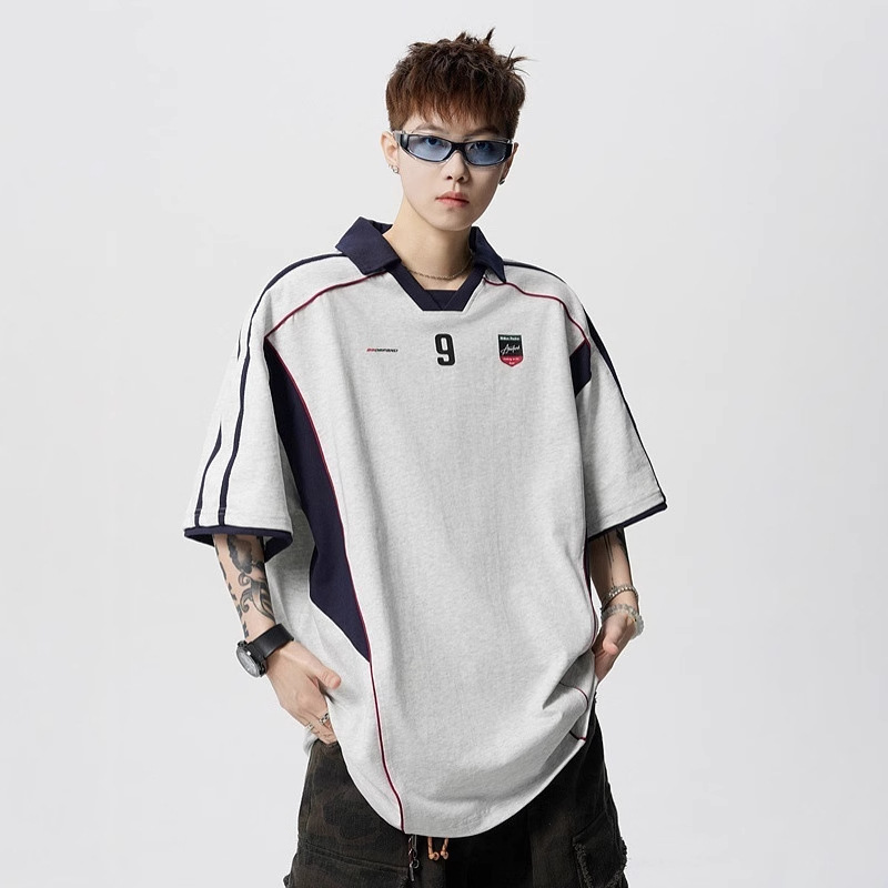 Summer New American Retro Design Contrasting Color Splicing Short-Sleeved T-Shirt Men's Loose Sports Couple Polo Tops