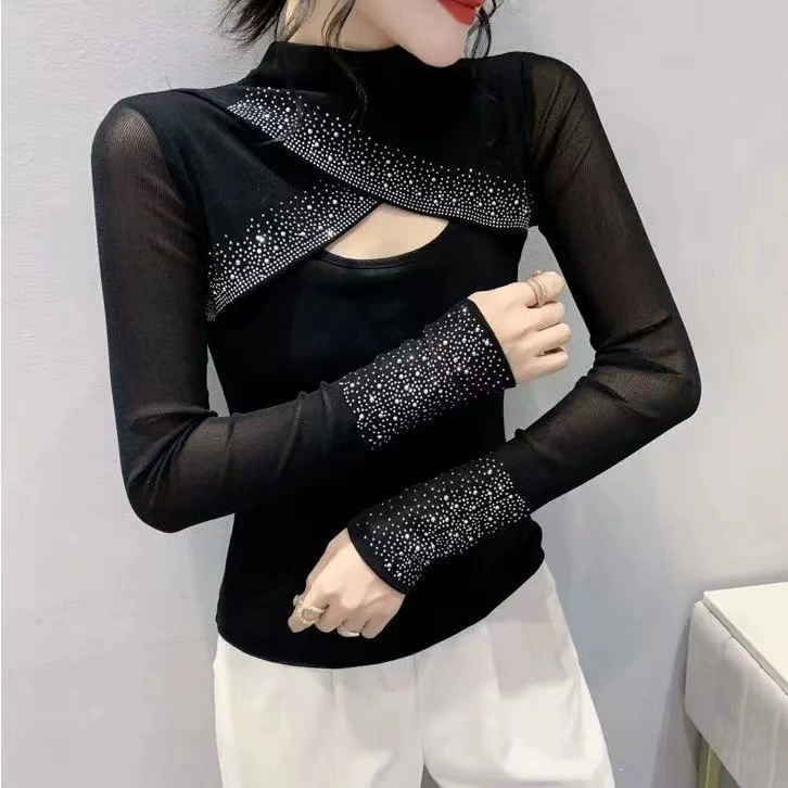 Long‑sleeve women's autumn T‑shirt, high collar, body‑skimming with mesh sleeves and rhinestones