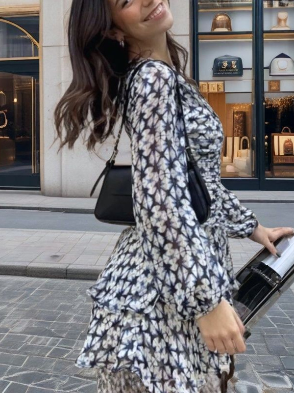 2025 crossborder feminino novo atacado versátil moda casual pura luxúria estilo fio metálico impresso vestido curto