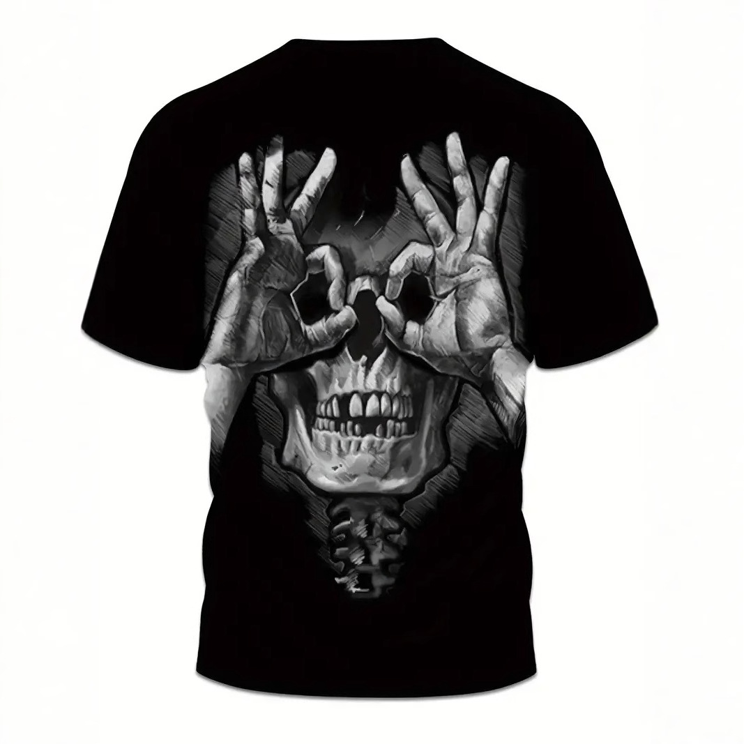 Gestos divertidos y divertidos Skeleton estampado 3D para hombre, malla suelta, manga corta transpirable, camiseta de cuello redondo