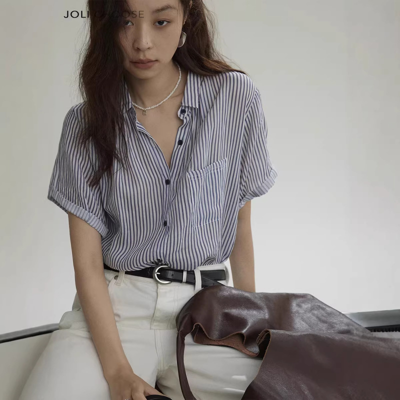 Joli Chiose Contrasting Color Striped Breathable Ramie Short-Sleeved Shirt for Women Summer New Style Elegant and High-End Shirt