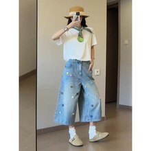 大码美式复古七分牛仔裤女夏季设计感八分过膝中裤直筒阔腿短裤子