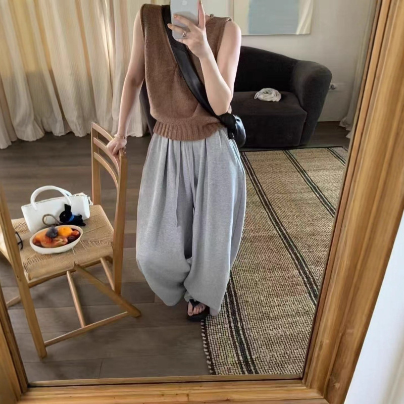 韩系极简风松紧腰系带百搭休闲裤女2025年秋季新款显瘦直筒阔腿裤|undefined