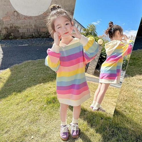 Girls' Health Check Dress 2025 Autumn Baby Girls Korean Version Stylish Medium Length Rainbow Striped Children's Dress