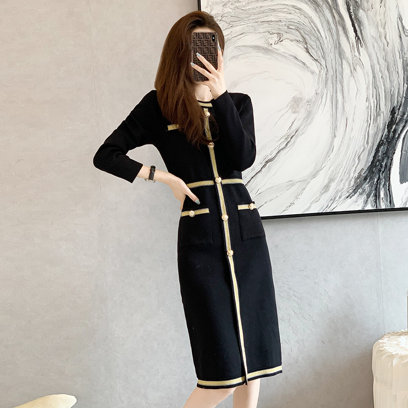 French Style Chanel Style Knitted Dress Women's Autumn and Winter Bright Silk Contrast Color Long Hip Long-Sleeved Base Sweater Skirt