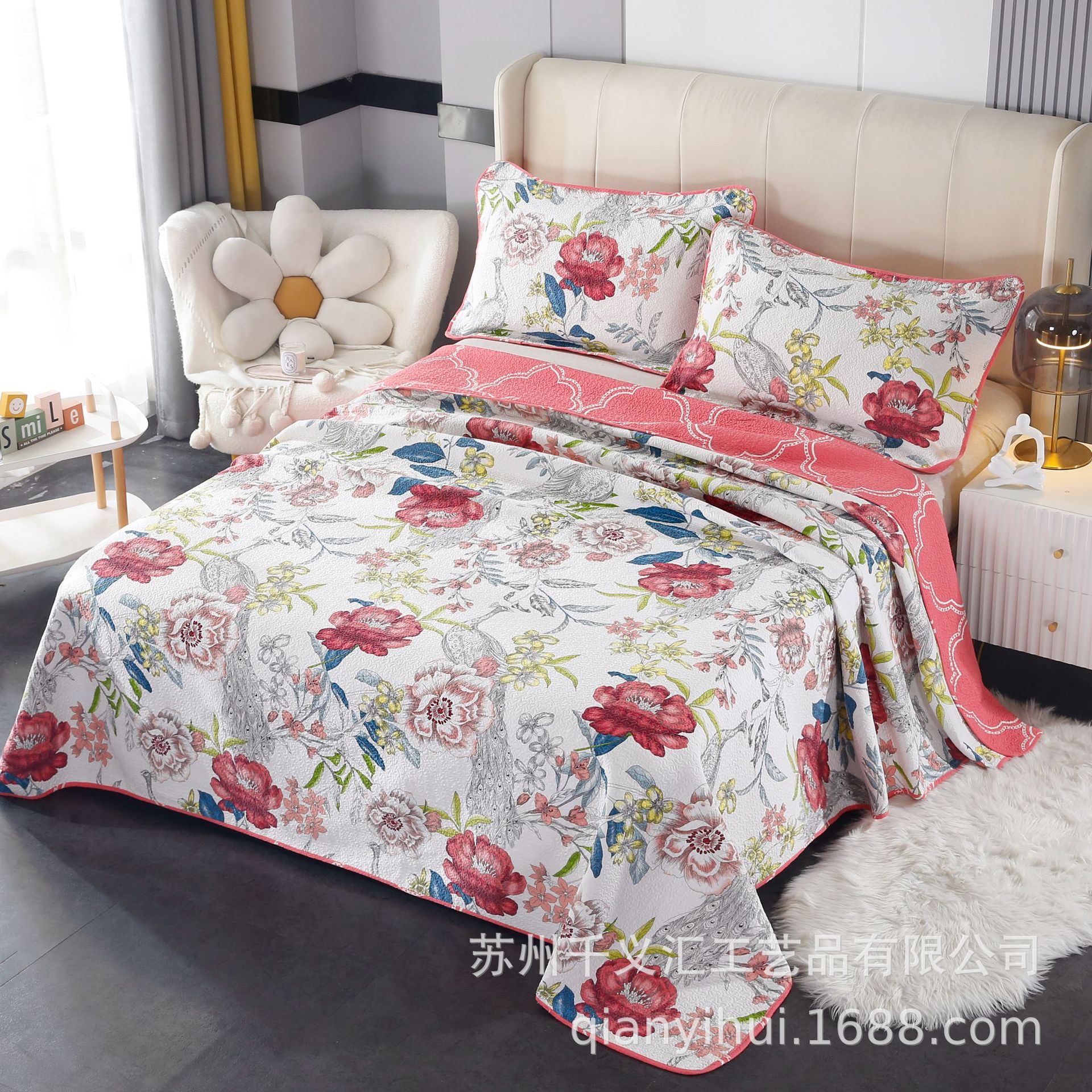 中国风花开富贵印花绗缝被 跨境床上用品四季通用全棉床盖三件套