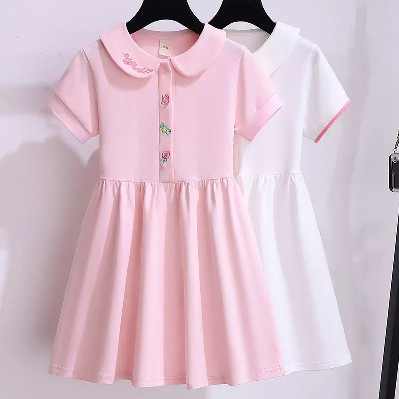 Girls Pink Preppy Dress Summer New Style Kidsren's Korean Style Little Girl Short-Sleeved Skirt Public Fashion