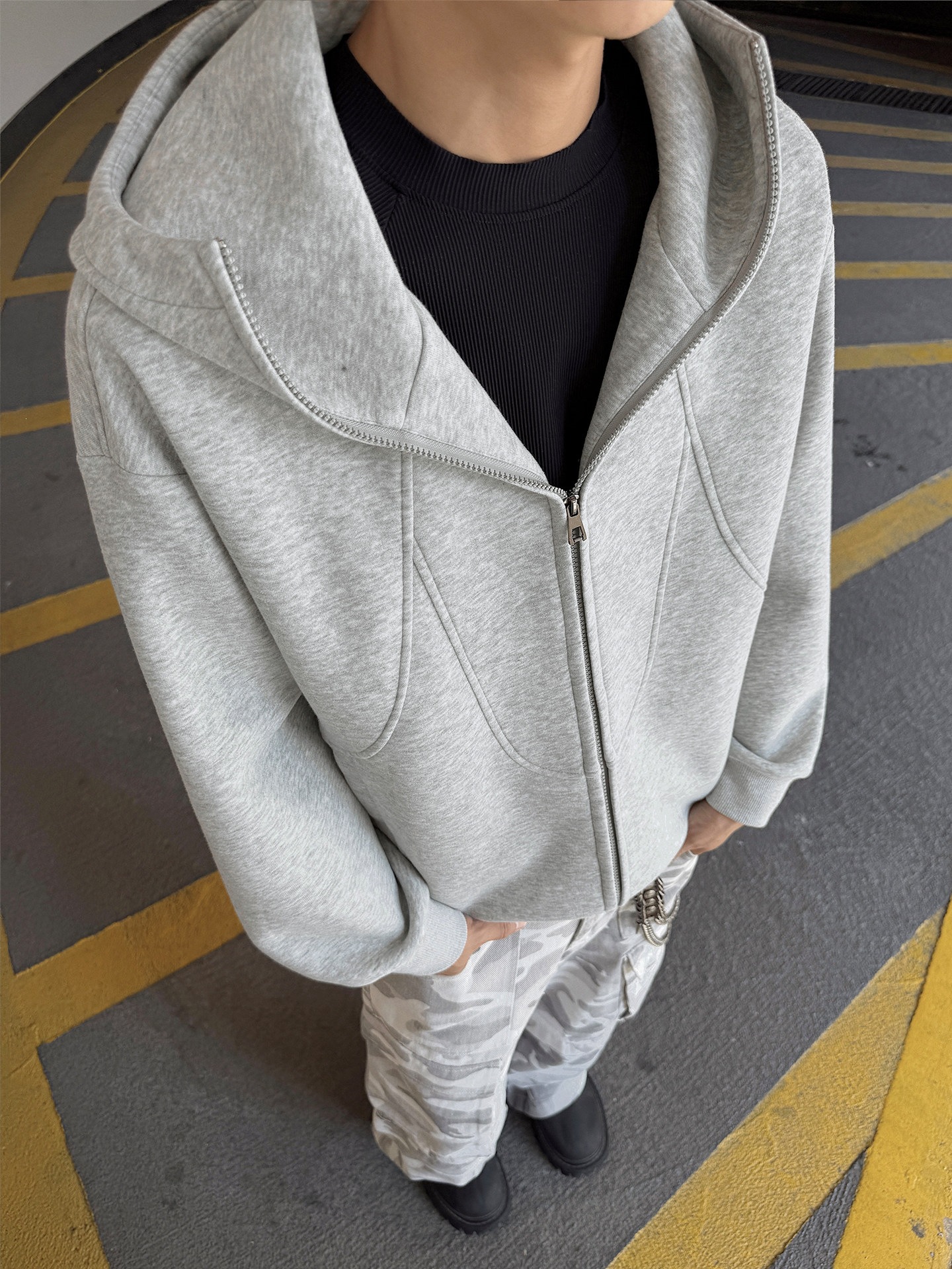 设计解构拼接硬挺潮牌上衣开衫外套立领连帽卫衣男美式感秋季重磅