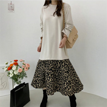 豹纹拼接打底连衣裙米女2025秋冬季大码加绒长袖圆领宽松休闲长裙