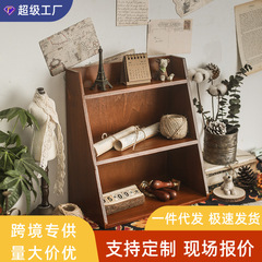 デスクトップ収納壁掛け木製ボックスキャビネット木製デスク多層レトロ化粧品置物棚ザカ