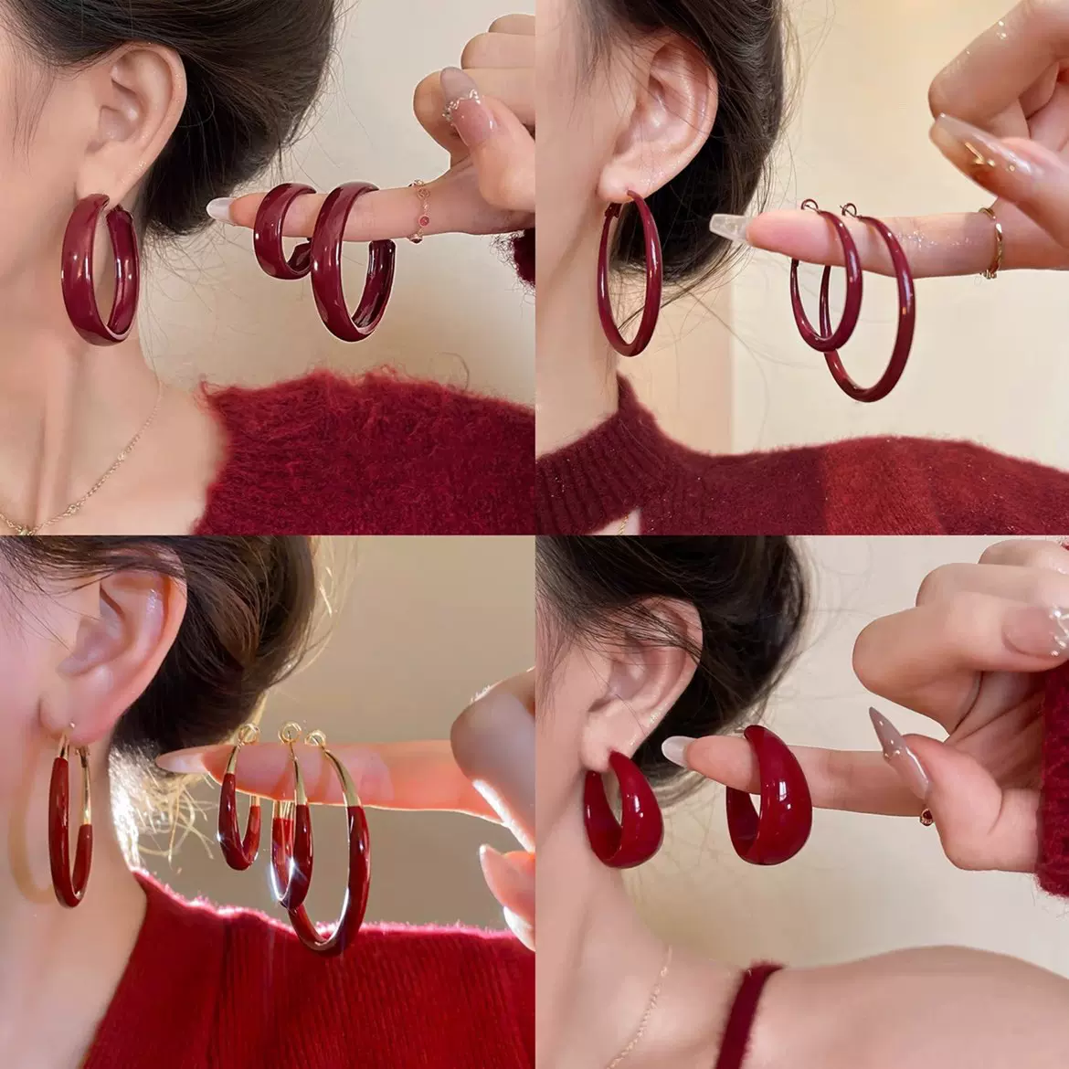 银针安可拉红色滴油圆圈几何耳圈复古风耳环女耳饰轻奢高级感秋冬