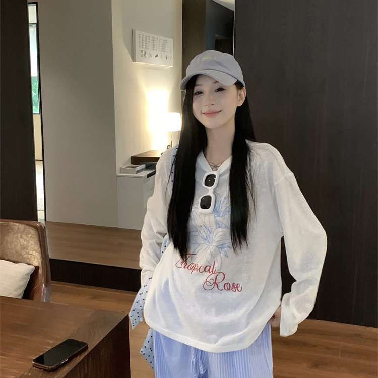 [오리지널 품질] 여성용 긴팔 라운드 넥 프린트 티셔츠 여름 루즈 슬리밍 자외선 차단 블라우스 화이트 씬 스타일