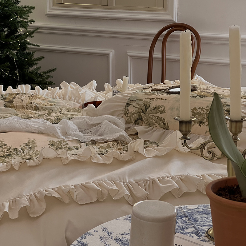 Nordic Vintage Four Piece Bedding Set Pure Cotton Princess Style_voghion.com