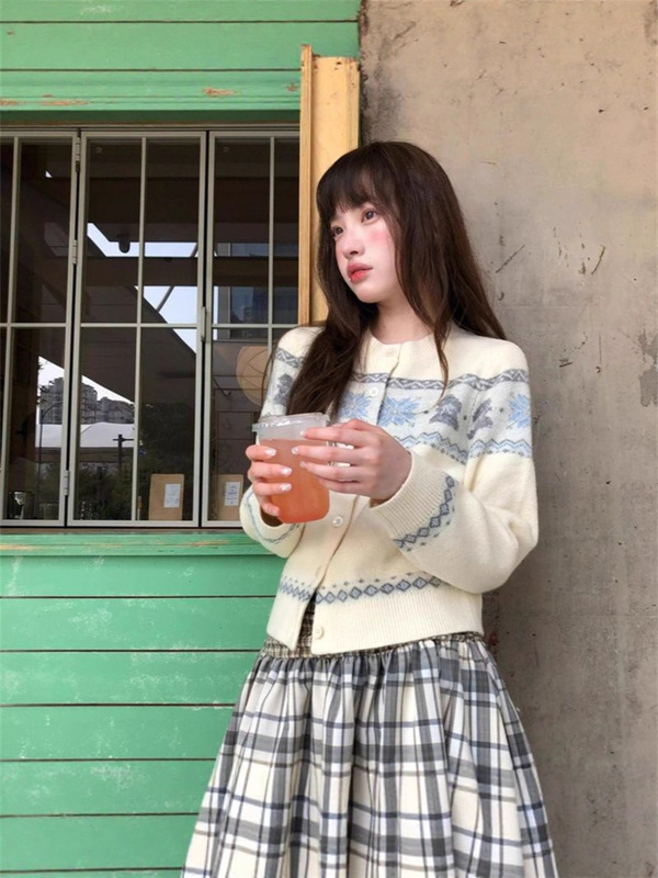 费尔岛提花圆领长袖毛衣外套女秋季新款韩系针织开衫软糯舒适上衣|undefined