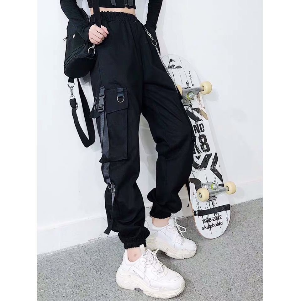 【送链条】春秋黑色束脚工装裤女嘻哈潮ins直筒宽松bf哈伦裤子女