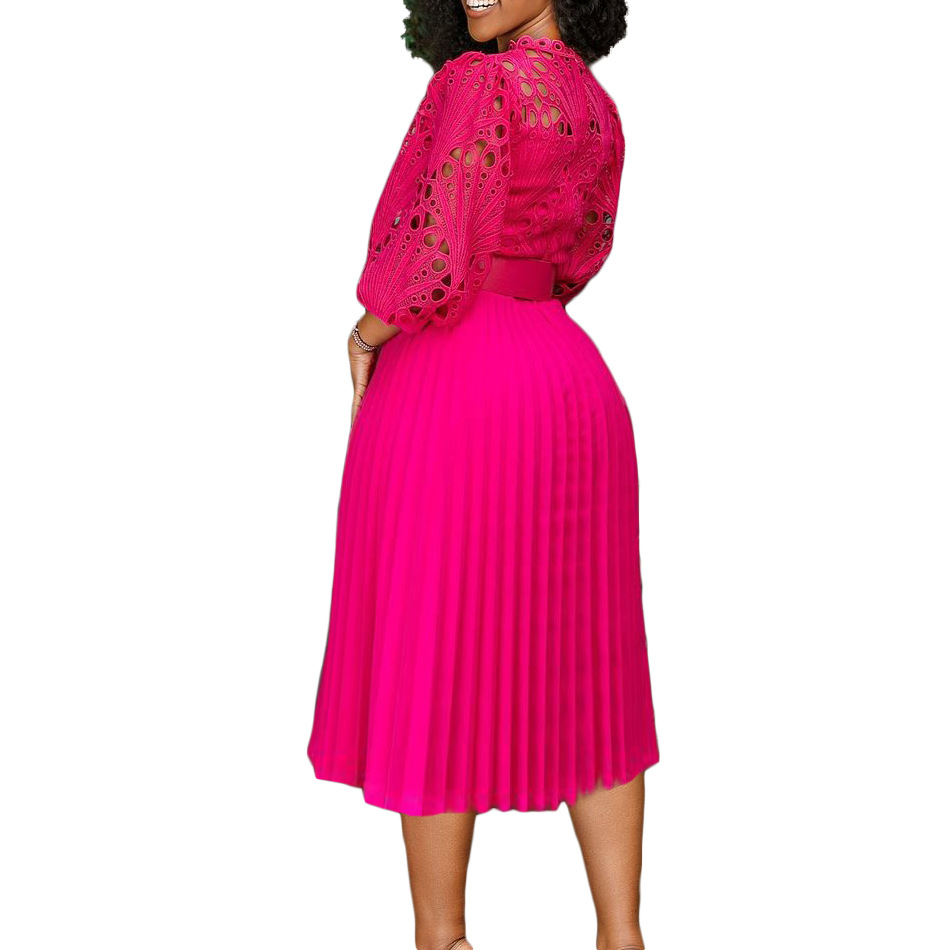 Women's Pleated Skirt Elegant Round Neck Patchwork Lace 3/4 Length Sleeve Solid Color Midi Dress Daily display picture 2