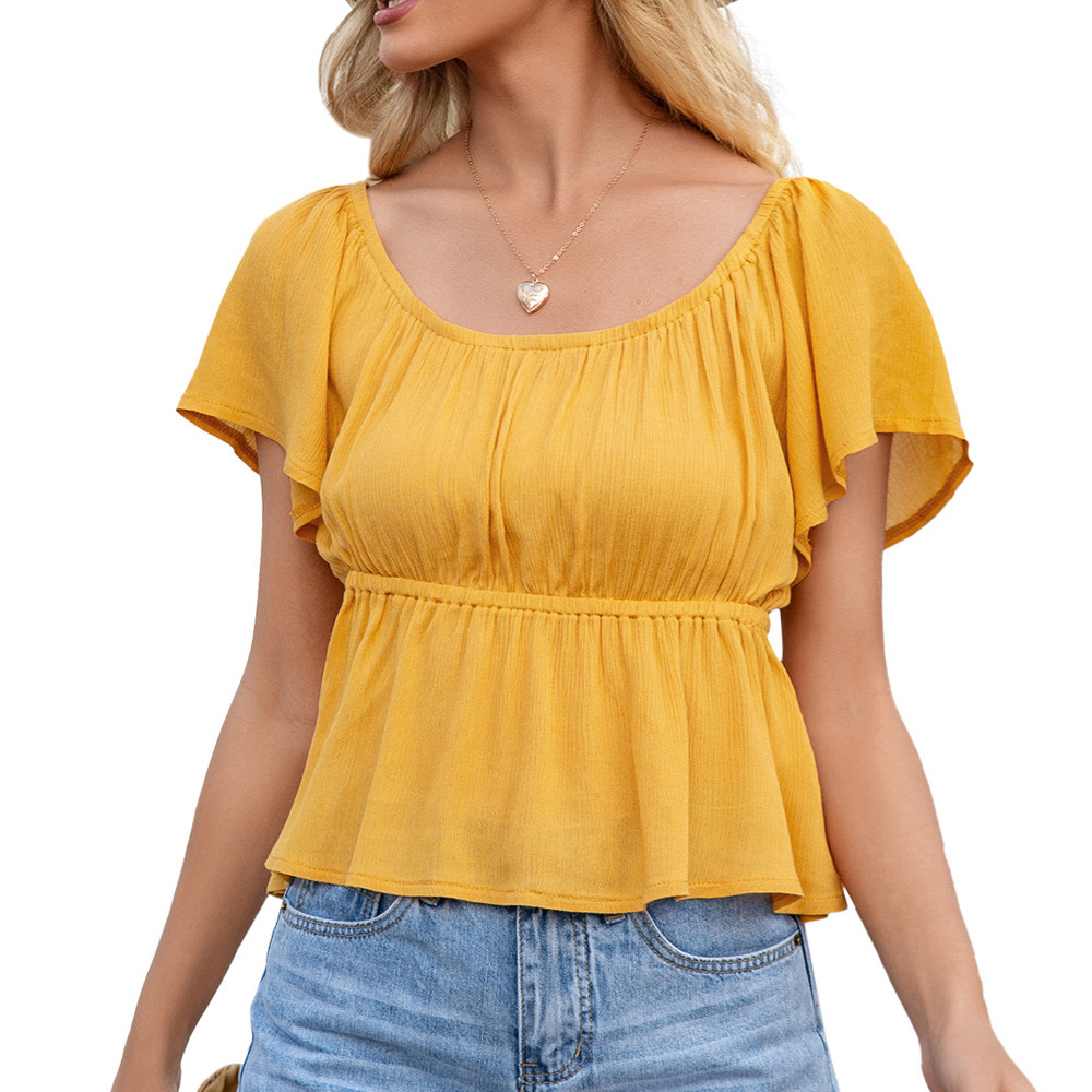 European And American Waist Square Neck Short Sleeve Lotus Sleeve Top