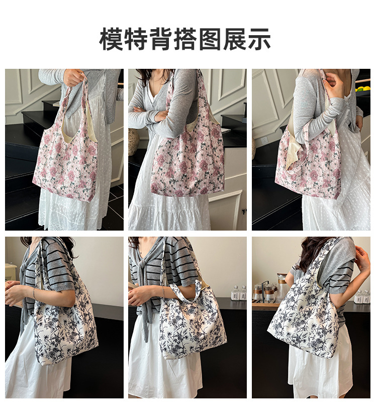 Summer new black and white floral fabric bag, large-capacity, artistic and laid-back style single-shoulder bag, fashionable and versatile crossbody bag details Picture