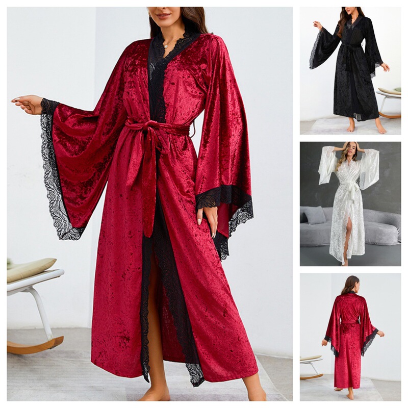 Mufei European and American Cross-Border Velvet Lace Multi-Color Dressing Gown, Skin-Friendly Brick Velvet Women's Autumn and Winter Long Nightgown 623 Mufei European and American Cross-Border Velvet Lace Multi-Color Dressing Gown, Skin-Friendly Brick Velvet Women's Autumn and Winter Long Nightgown 623