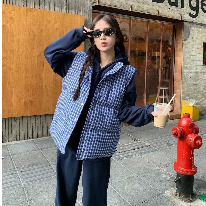 Stand Collar Plaid Sleeveless Cotton Vest Jacket for Women Summer 2025 New Style Layered Casual Loose Hidden Button Vest Trendy