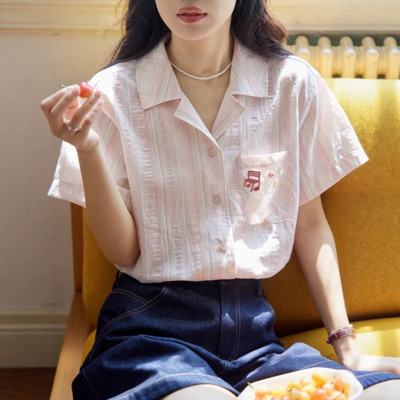 Nov Elist French-Style Cuban Collar Embroidered Short-Sleeve Striped Shirt for Women, New Summer Thin Top