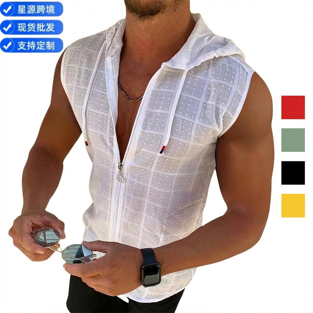 Short-Sleeved Hooded Zip-Up Cardigan T-Shirt for Men 2026 Summer New Fashion Plaid Sleeveless T-Shirt Men's Lapel Top