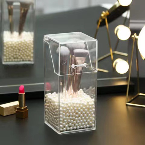 Simple transparente acrílico cuadrado titular de la pluma estudiante de escritorio organizador caja de almacenamiento con tapa maquillaje cepillo ceja lápiz cubo de almacenamiento