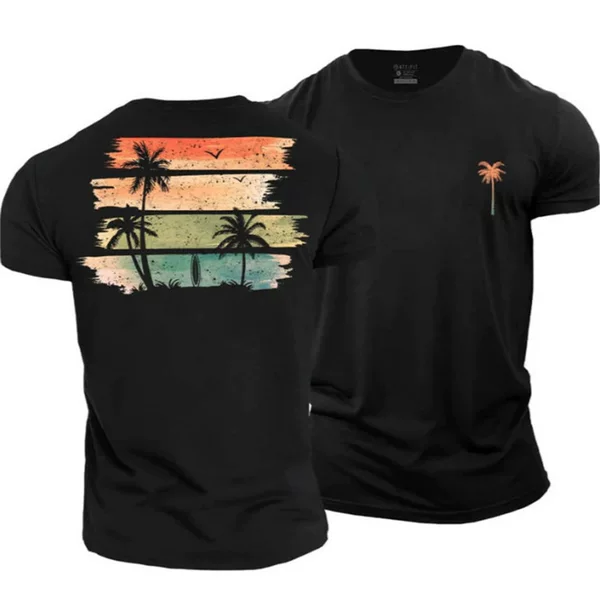 Cross-Border Foreign Trade European and American Men's Casual Round-Neck Short-Sleeved T-Shirt with Coconut Tree Print, Summer Comfortable, Breathable and Versatile Short-Sleeved Shirt