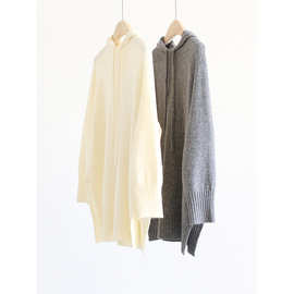 秋冬时髦简约连帽雪花绒针织衫宽松慵懒长袖纯色套头帽衫毛衣上衣