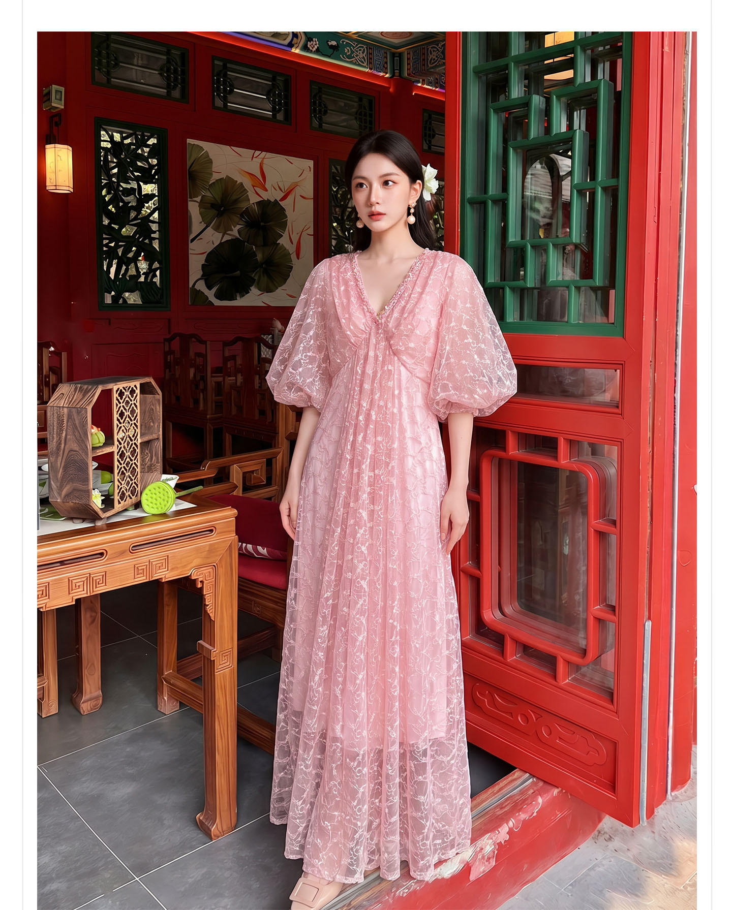 Đầm maxi nữ phong cách Tân Trung Hoa họa tiết batik ren jacquard dáng dài — Trang chủ chi tiết 8
