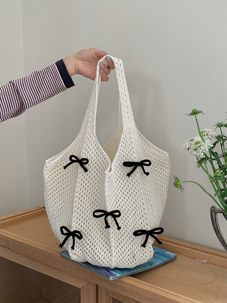 255g Weight Weave Fashion Element Open Closure Type Double Shoulder Straps Strap Type Tote Bag Bags Type Casual, Holiday Occasion Knit Material Bow Knot Pattern Spring&Summer Season Women's Gender Vacation, Beach Style Oval Shape Women's Knit Bow Knot Vacation Beach Weave Oval Open Tote Bag 1