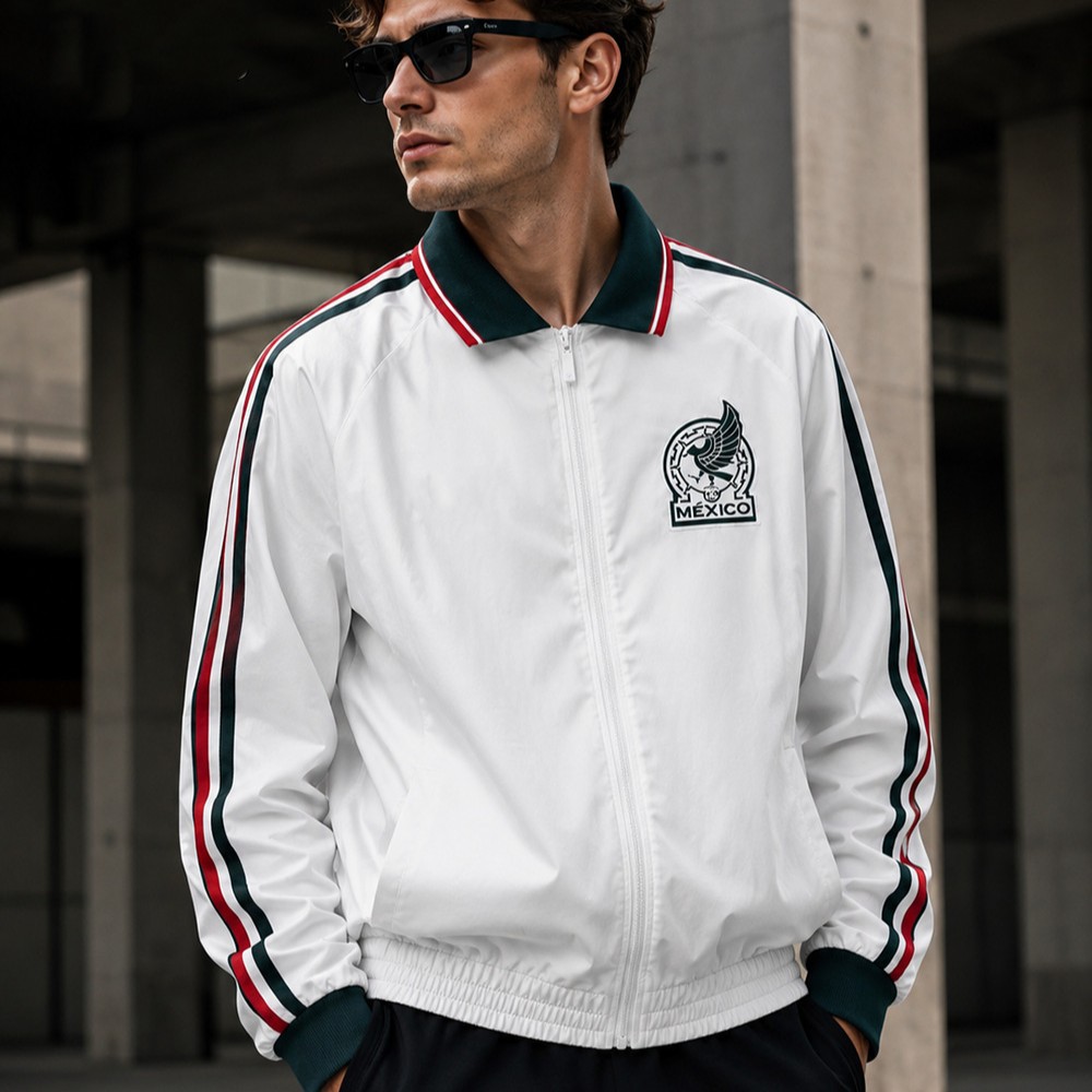 Mexican white trench coat jacket with double-layer embroidery, football training warm-up outfit, casual sports wear for men, spring and autumn style