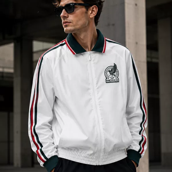 Mexican white trench coat jacket with double-layer embroidery, football training warm-up outfit, casual sports wear for men, spring and autumn style