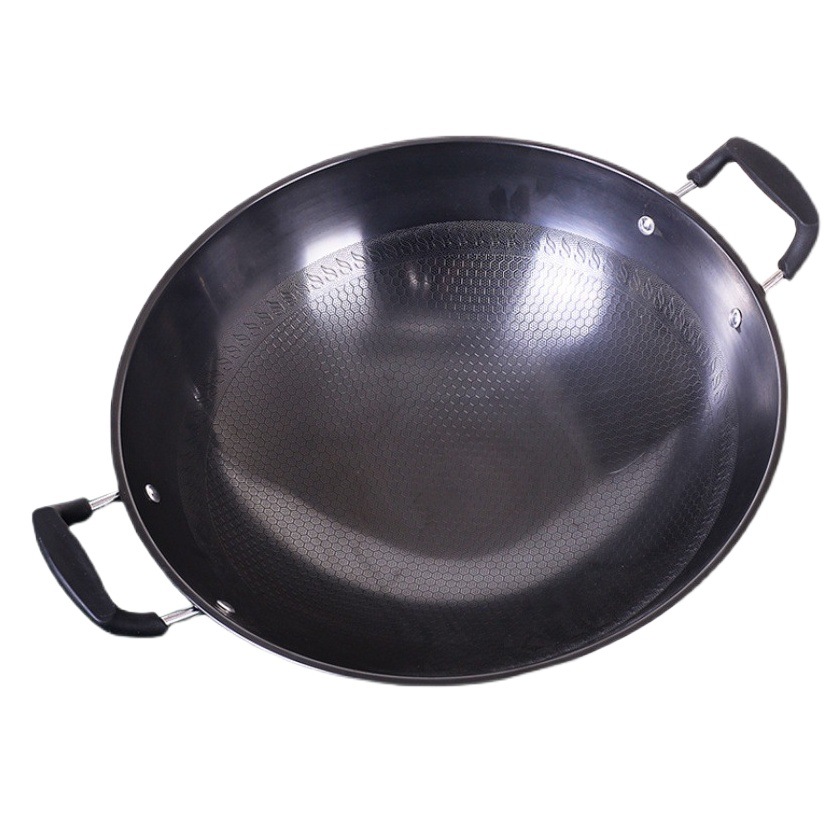 Alemán wok panal antiadherente pan de doble oreja de hierro grande wok hogar de fondo redondo no recubierto estufa de gas no oxidado