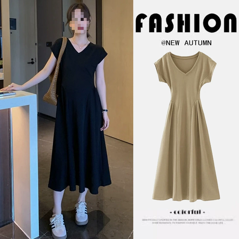 Summer dress for pregnant, thin mini-skirt, long skirt, with short sleeve, city style, V-neckline, loose fit