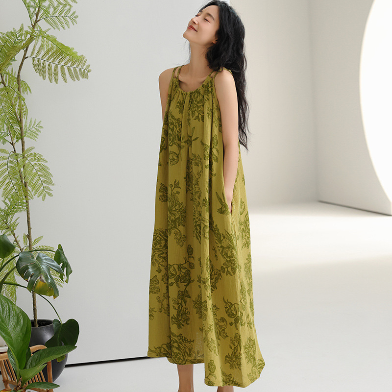 吊带睡裙女带胸垫睡衣女士夏季纯棉双层纱布背心高级感长款连衣裙|undefined