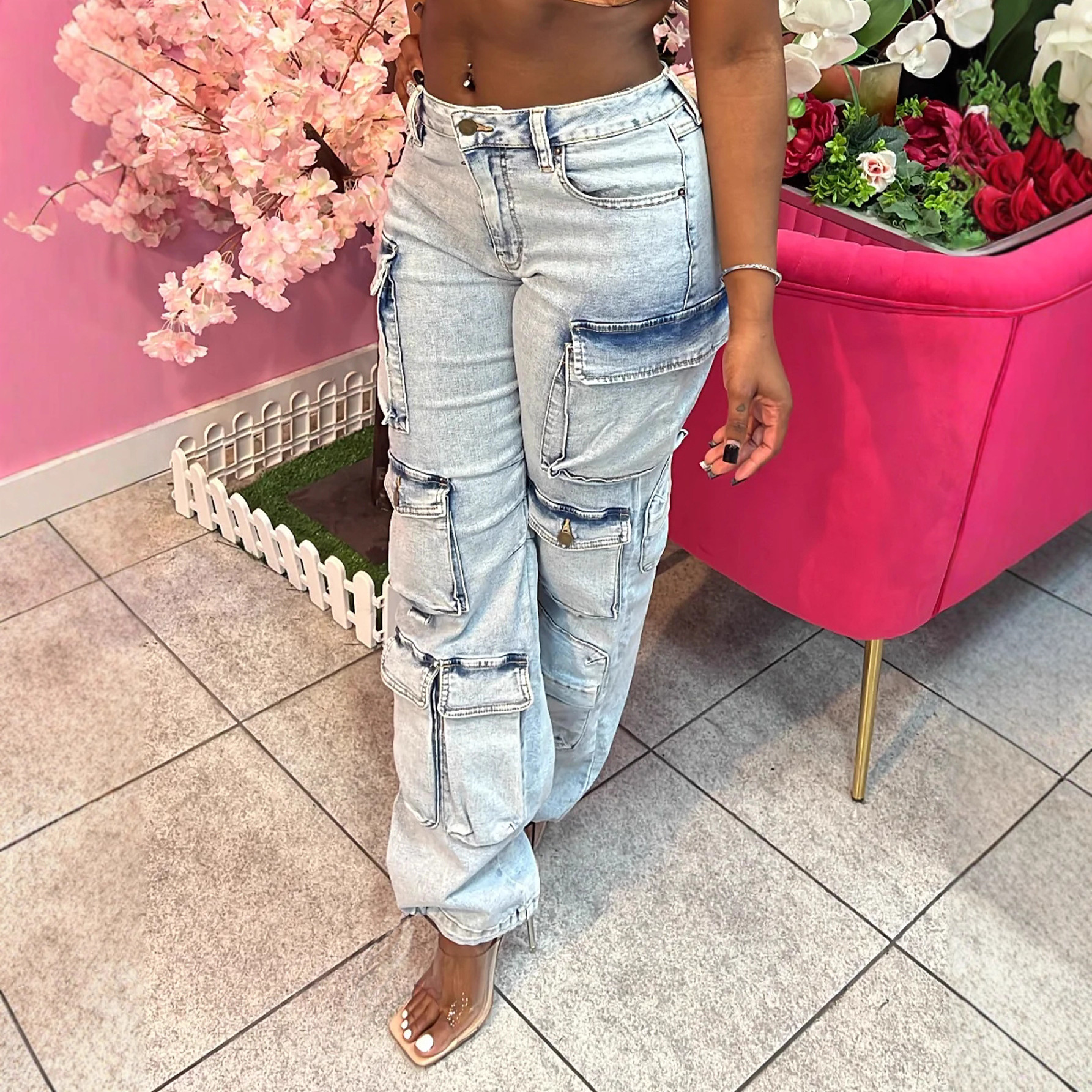 Women’s High-Waisted Distressed Cargo Jeans – Stretch Denim Pants With Utility Pockets (S-XL, Light Blue)_mkmklike.com