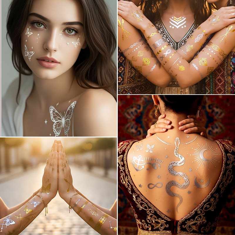 Pegatinas de tatuaje de estampado transfronterizo impermeable Europa y América plata estampado metal estampado tatuaje flash pegatinas de tatuaje desechables temporales personalizadas