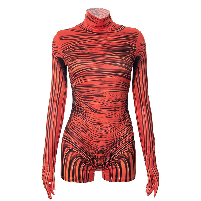 Estilo europeo y americano 2024 ropa de mujer nuevo estilo estampado cuello alto cintura alta bolso delgado cadera pantalones cortos casuales de una pieza para mujer