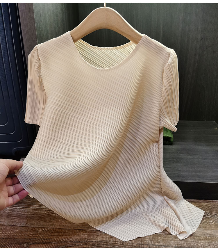 Áo thun ngắn tay dáng rộng cổ tròn xếp ly nữ mùa hè — Tím hoa cà, Màu đen, Màu cam, Xanh lam Sương Khói chi tiết 9