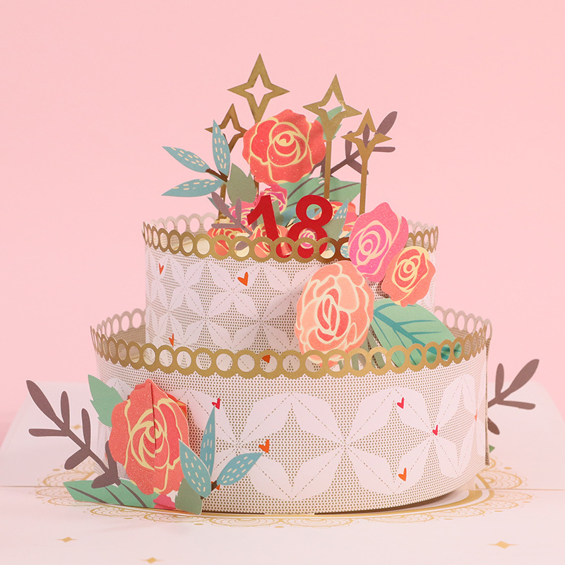 亞馬遜新款生日賀卡創意3d立體感恩祝福雙層玫瑰蛋糕商務卡片批發