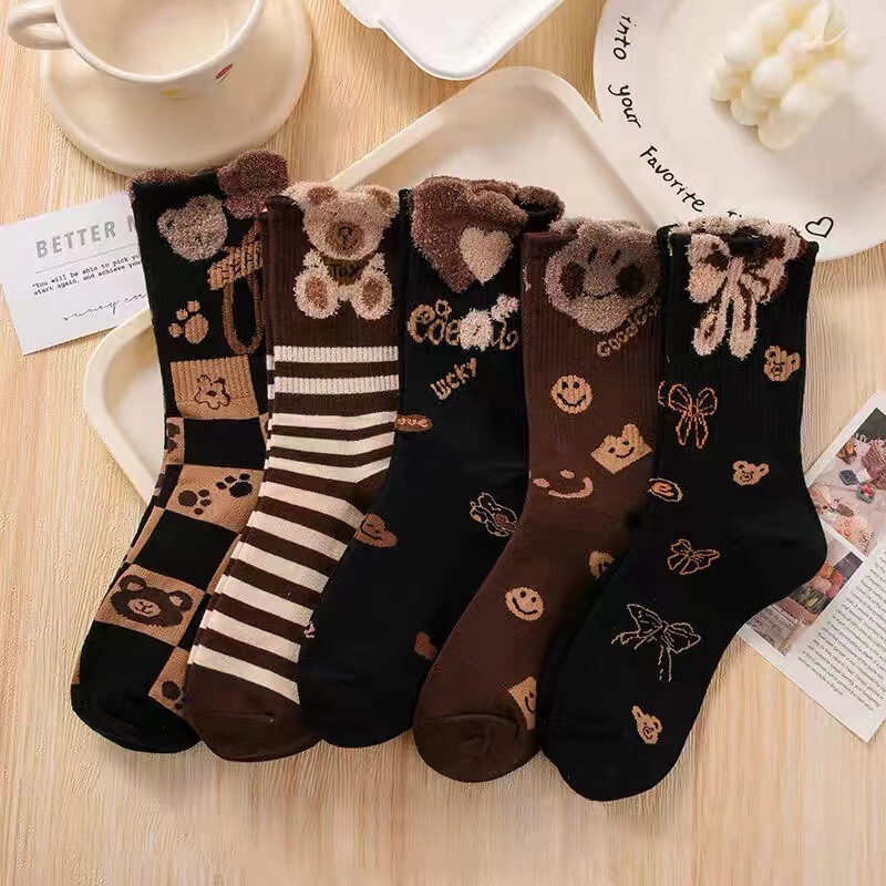 Autumn and winter socks cartoon Brown mid-calf length Socks striped bear cute women's socks new women's Japanese teddy bear College
