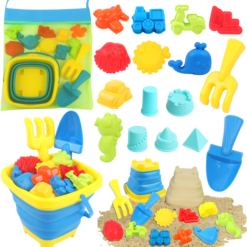 Cross-Border Children's Foldable Beach Bucket Toy Telescopic Square Bucket Round Bucket Shovel Outdoor Digging Sand and Water Toys