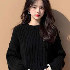 重工黑色花边袖粗线毛衣女2025秋季新款慵懒感小个子针织上衣