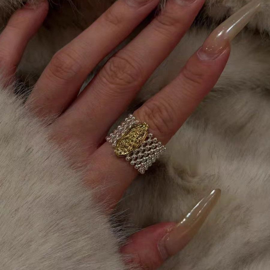 Two-Piece Set|Palace-Style Classical Lace Mesh Silver For Women, Exaggerated Twisted Floral Index Finger Ring_voghion.com
